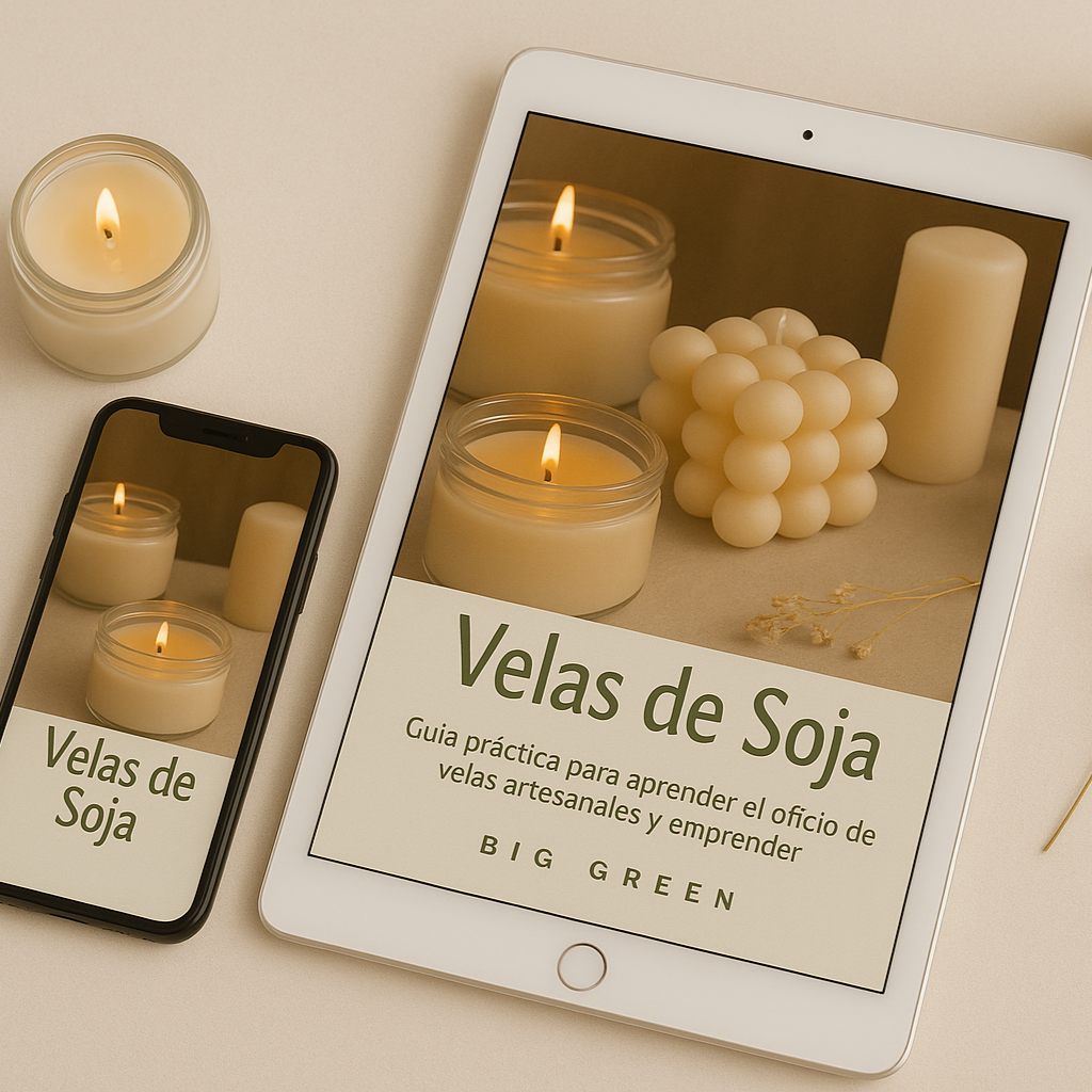 eBook para hacer velas de soja de Big Green — guía completa paso a paso para aprender a elaborar velas artesanales naturales en casa, ideal para principiantes y emprendedores.